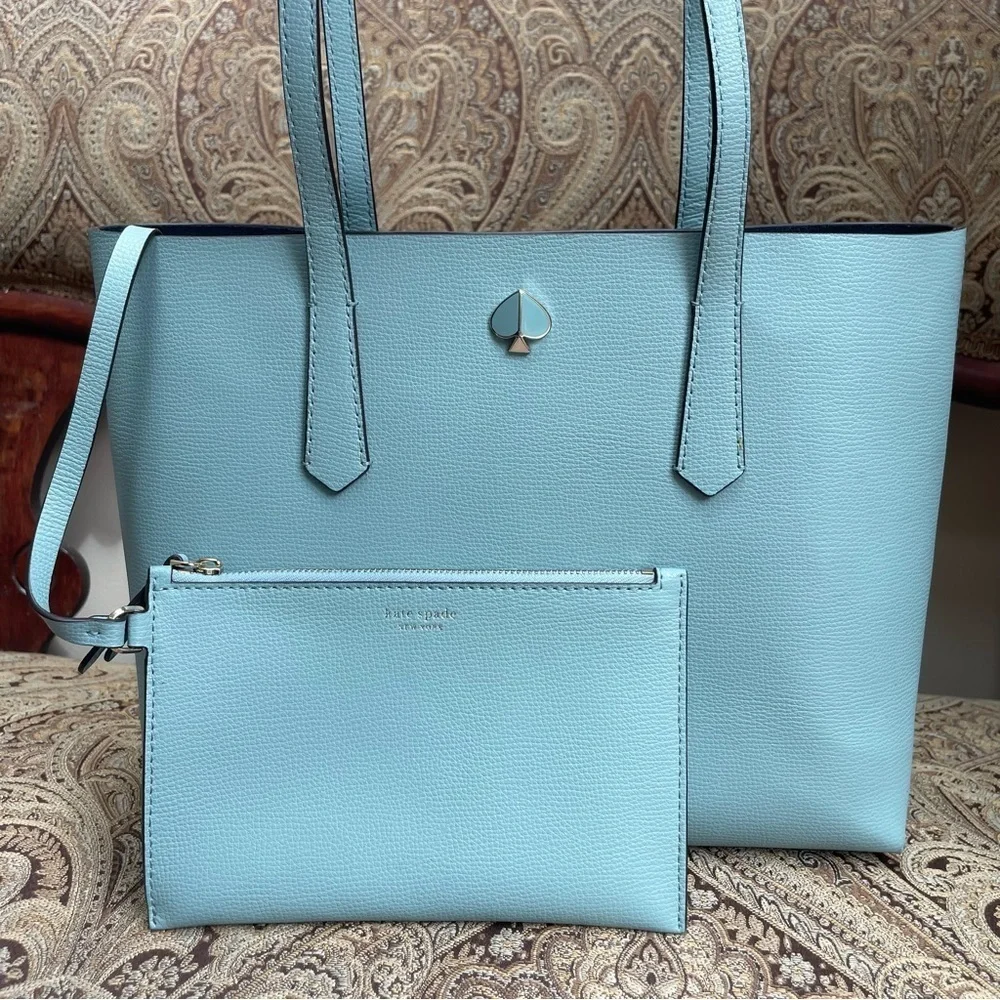 Kate Spade Light Blue Molly Cabana Tote Bag & Pouch Metal Spade Logo